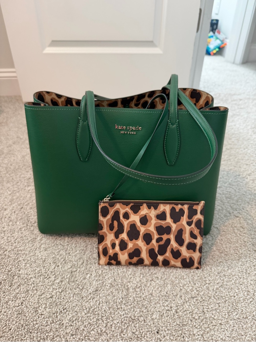 kate spade Green Leather Tote with Leopard Pouch